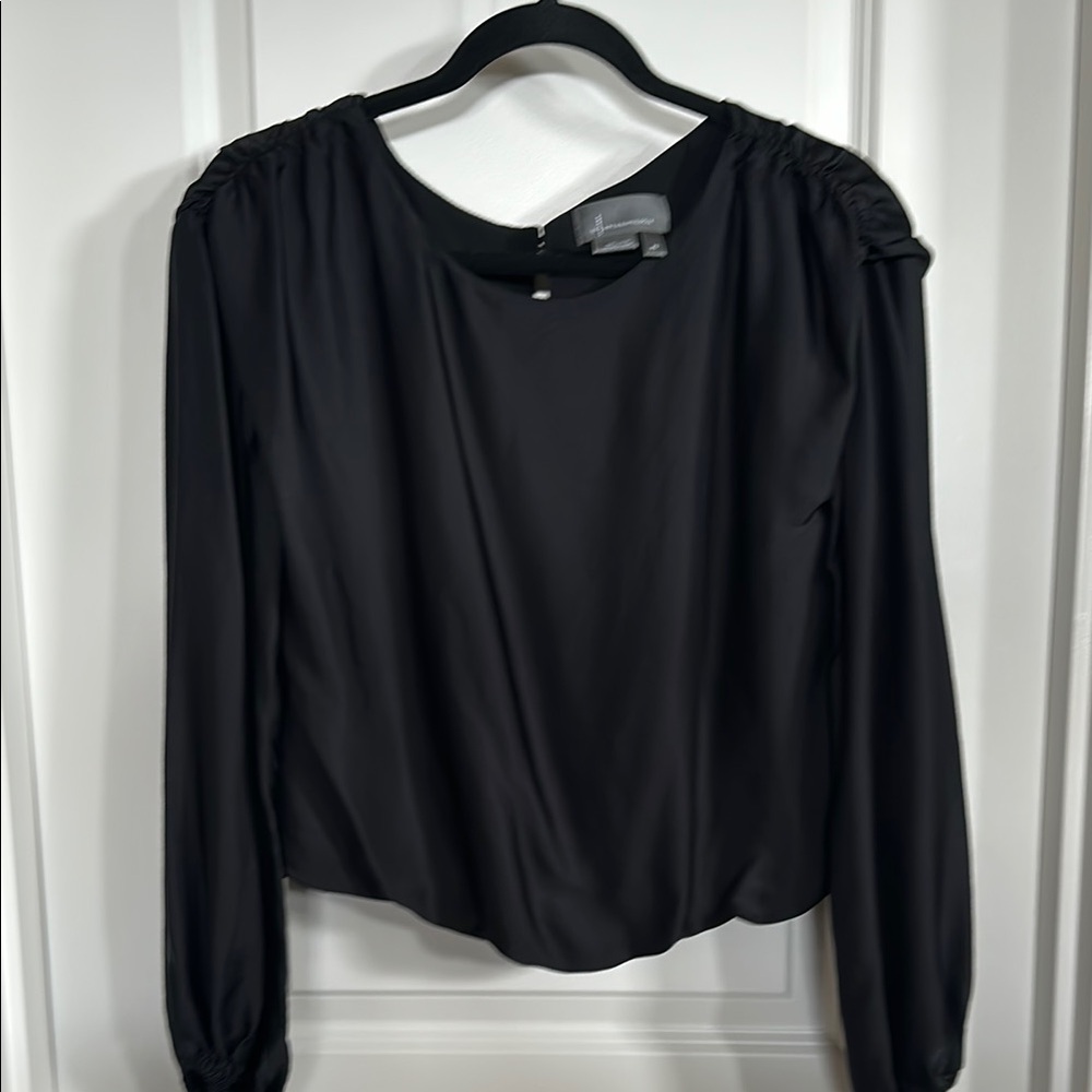 Anthropologie Black Puff Sleeve Ruched Blouse size xs